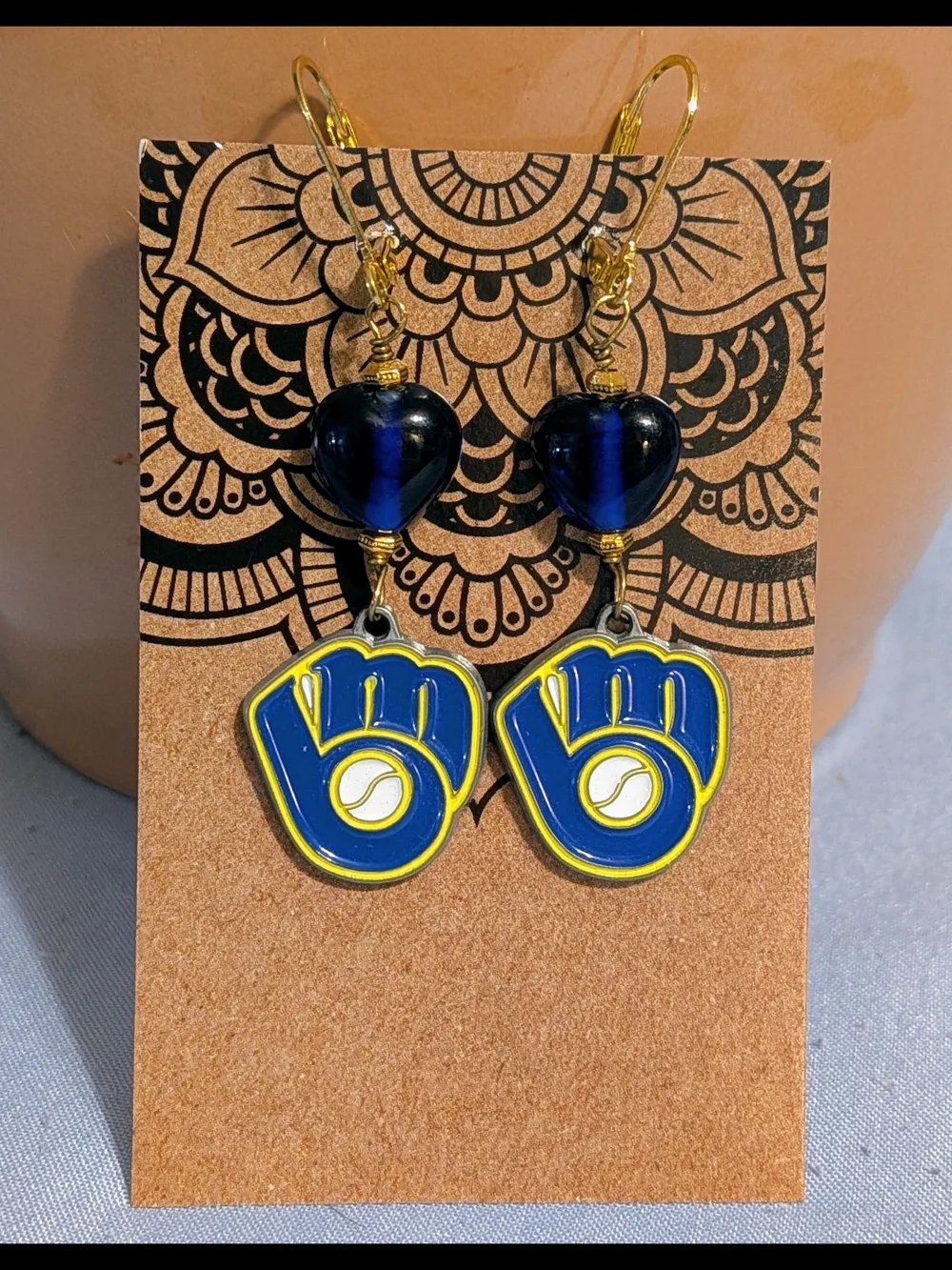 Milwaukee Brewers Baseball Dangle Earrings, Blue & Yellow, One of a Kind Design